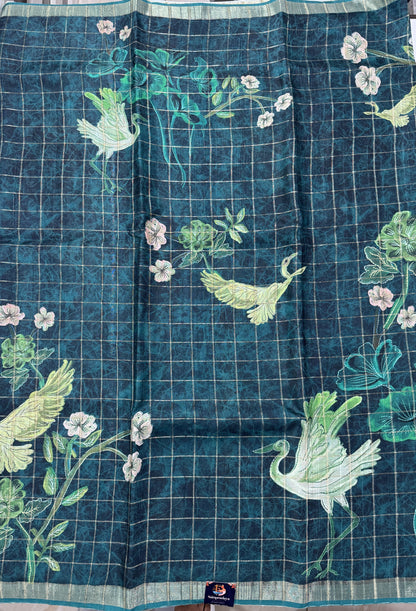Semi Tussar Silk Saree -Bottle Green color with Gold Zari Border - Elegant Fancy Saree for Party & Office Wear