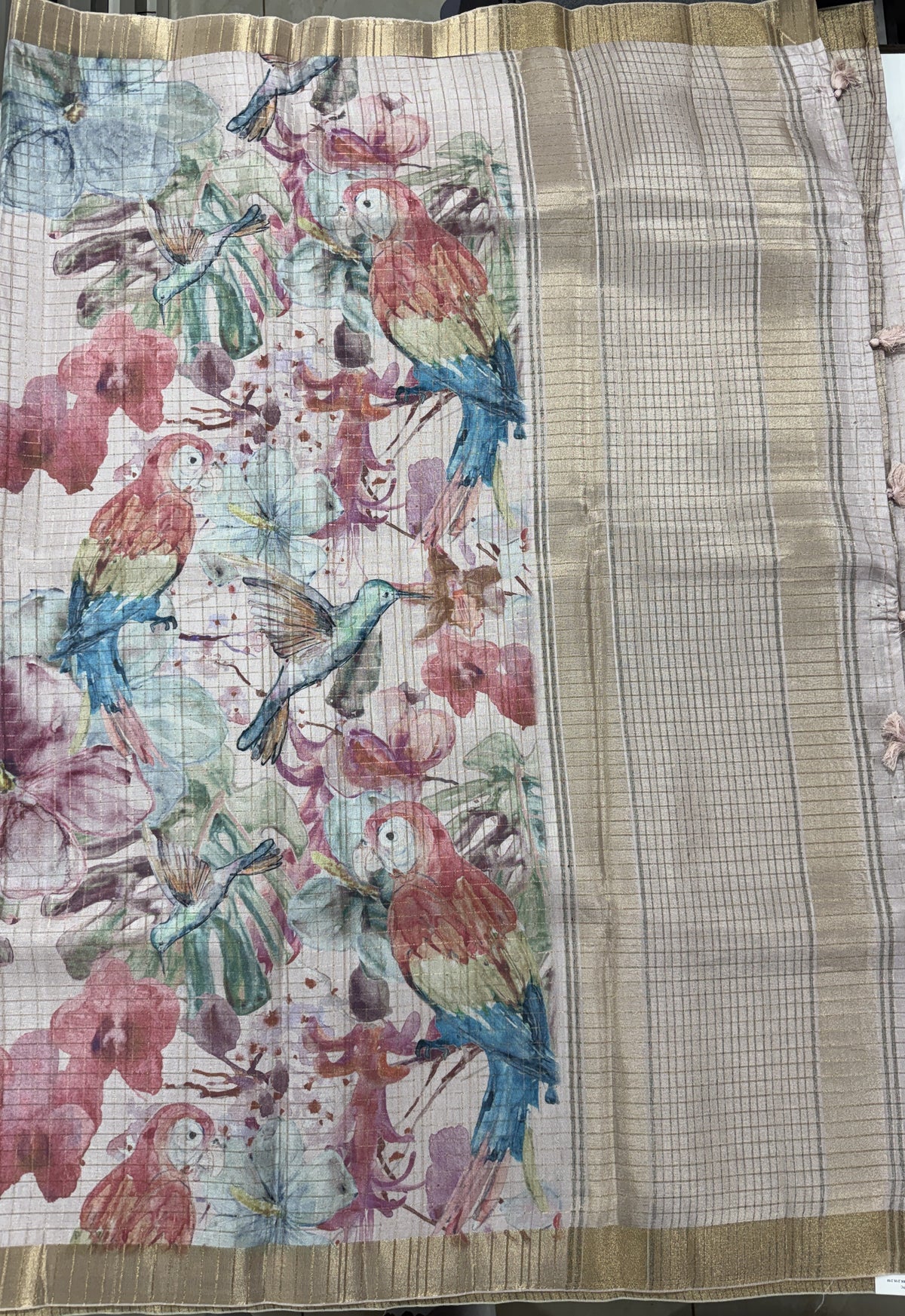 Semi Tussar Silk Saree -Beige color with Gold Zari Border - Elegant Fancy Saree for Party & Office Wear
