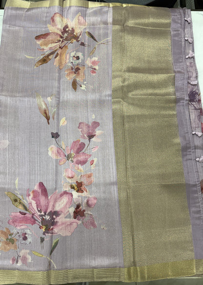 Semi Tussar Silk Saree-Lavender color with Gold Zari Border - Elegant Fancy Saree for Party & Office Wear
