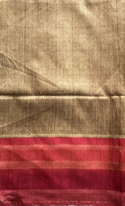 Semi Tussar Saree Brown colored complemented with a Red Color Zari Border. - Sampradaya Designer Studio