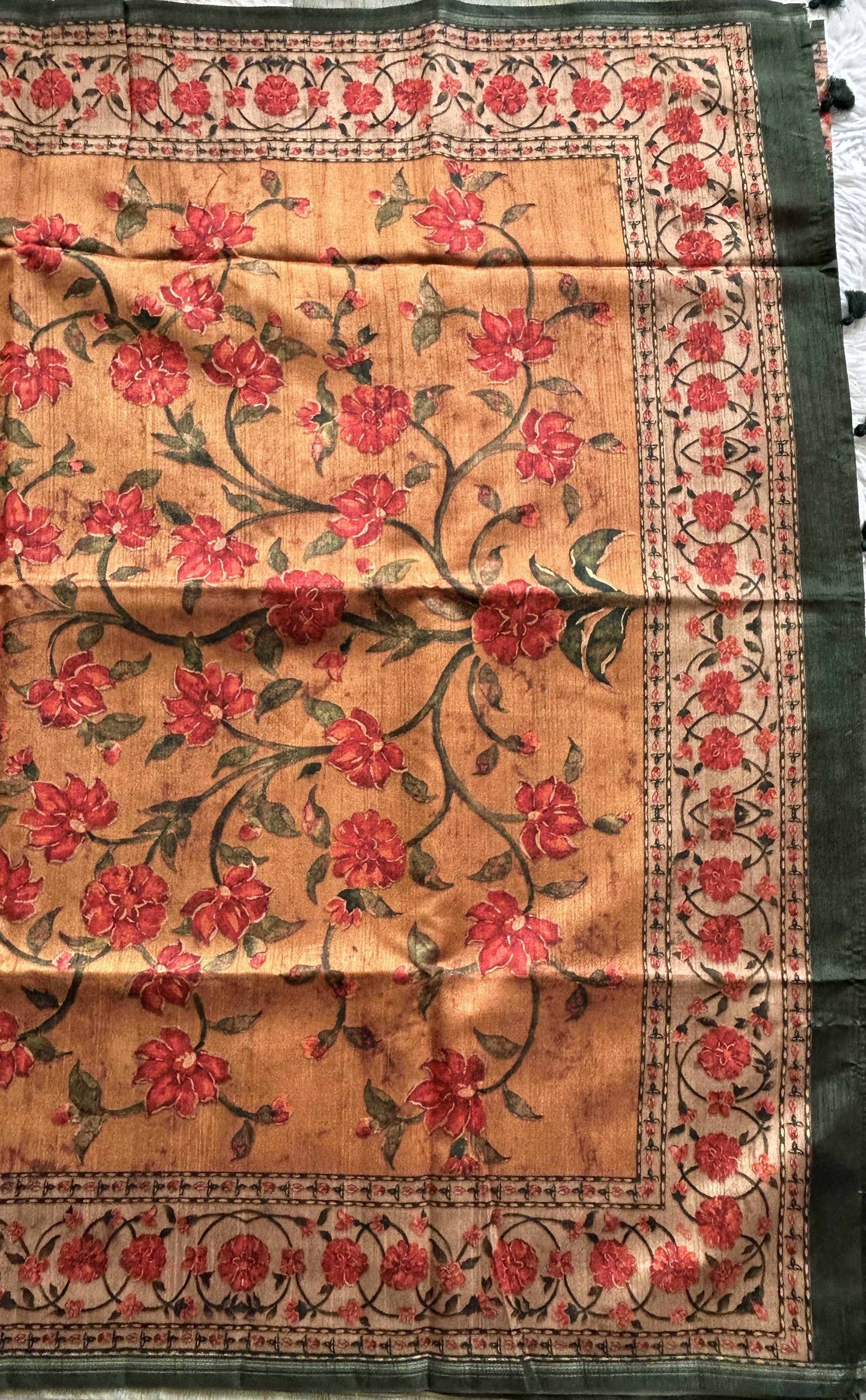 Semi Tussar Saree Turquoise Blue colored complemented with a Floral Print Border. - Sampradaya Designer Studio