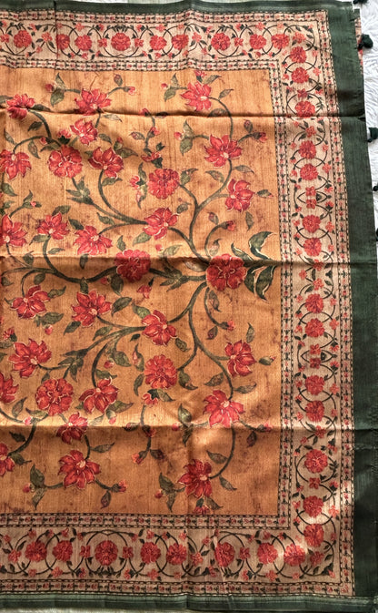 Semi Tussar Saree Turquoise Blue colored complemented with a Floral Print Border. - Sampradaya Designer Studio