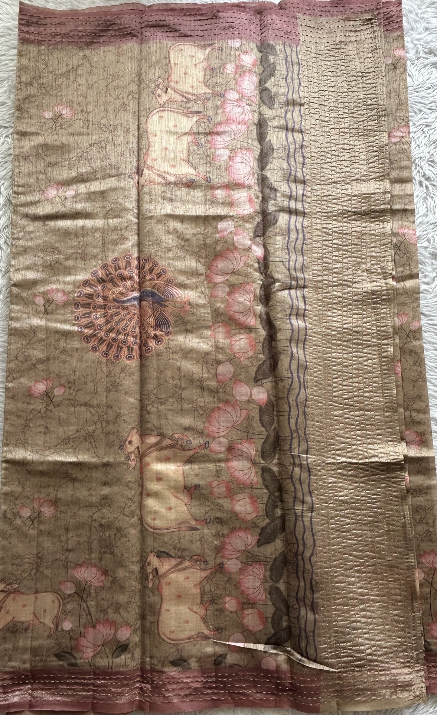 Semi Tussar Saree Beige Colored complemented with a Baby Pink Color Running Stich Border. - Sampradaya Designer Studio