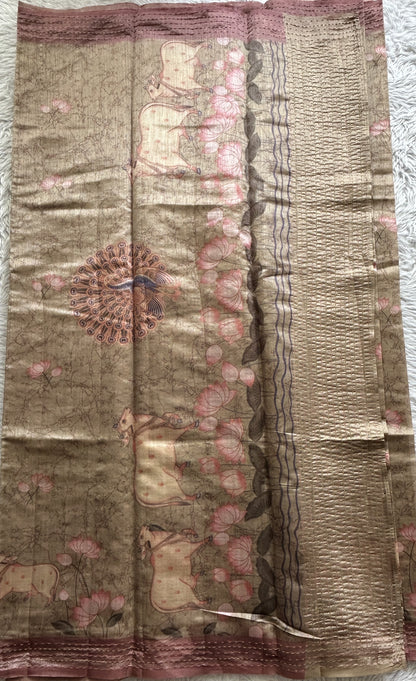 Semi Tussar Saree Beige Colored complemented with a Baby Pink Color Running Stich Border. - Sampradaya Designer Studio