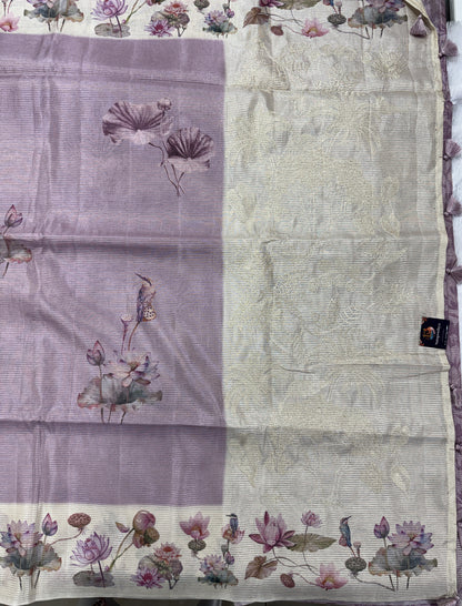 Semi Tussar Silk Saree -Lavender color  with Gold Zari Border - Elegant Fancy Saree for Party & Office Wear