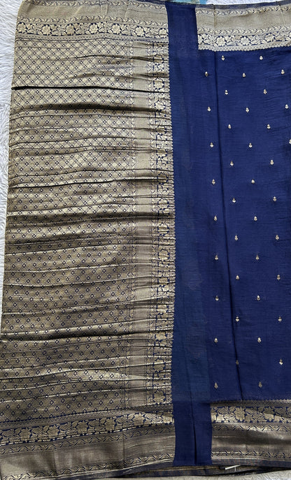 Semi Georgette Saree Sea Blue Colored Elegantly Paired with a Zari Border. - Sampradaya Designer Studio