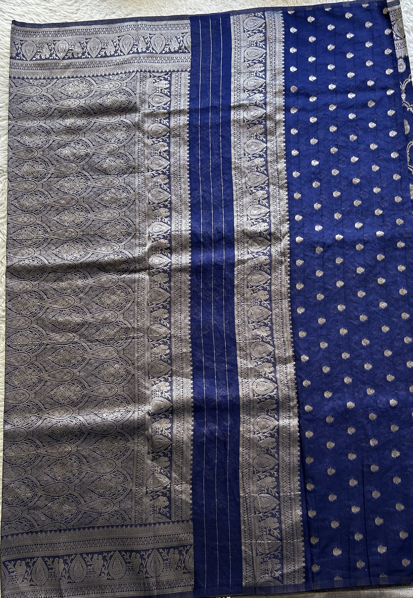 Semi Georgette Saree Dark Blue Colored Elegantly Paired with a Zari Border. - Sampradaya Designer Studio