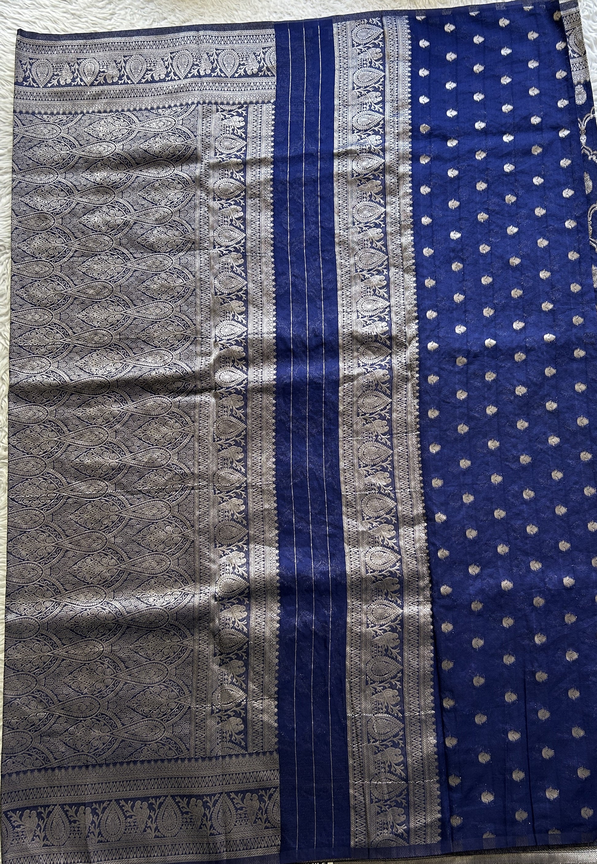 Semi Georgette Saree Dark Blue Colored Elegantly Paired with a Zari Border. - Sampradaya Designer Studio