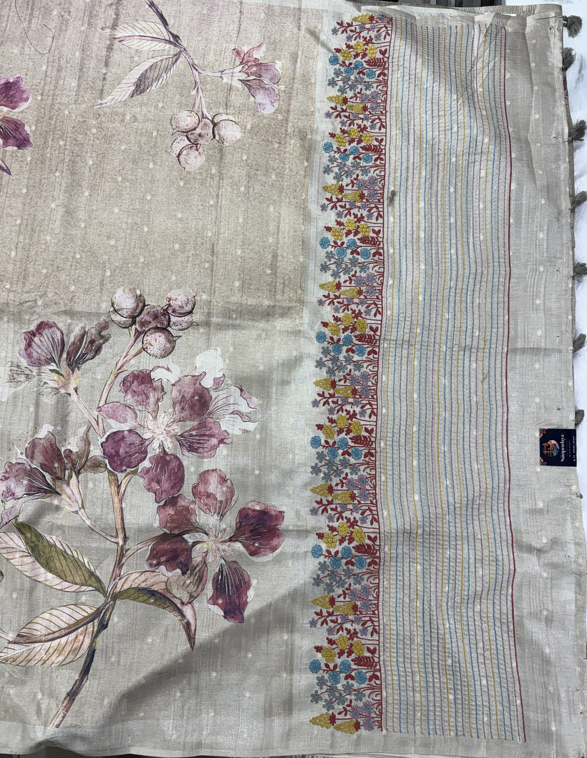 Semi Tussar Silk Saree -Beige color  with Gold Zari Border - Elegant Fancy Saree for Party & Office Wear
