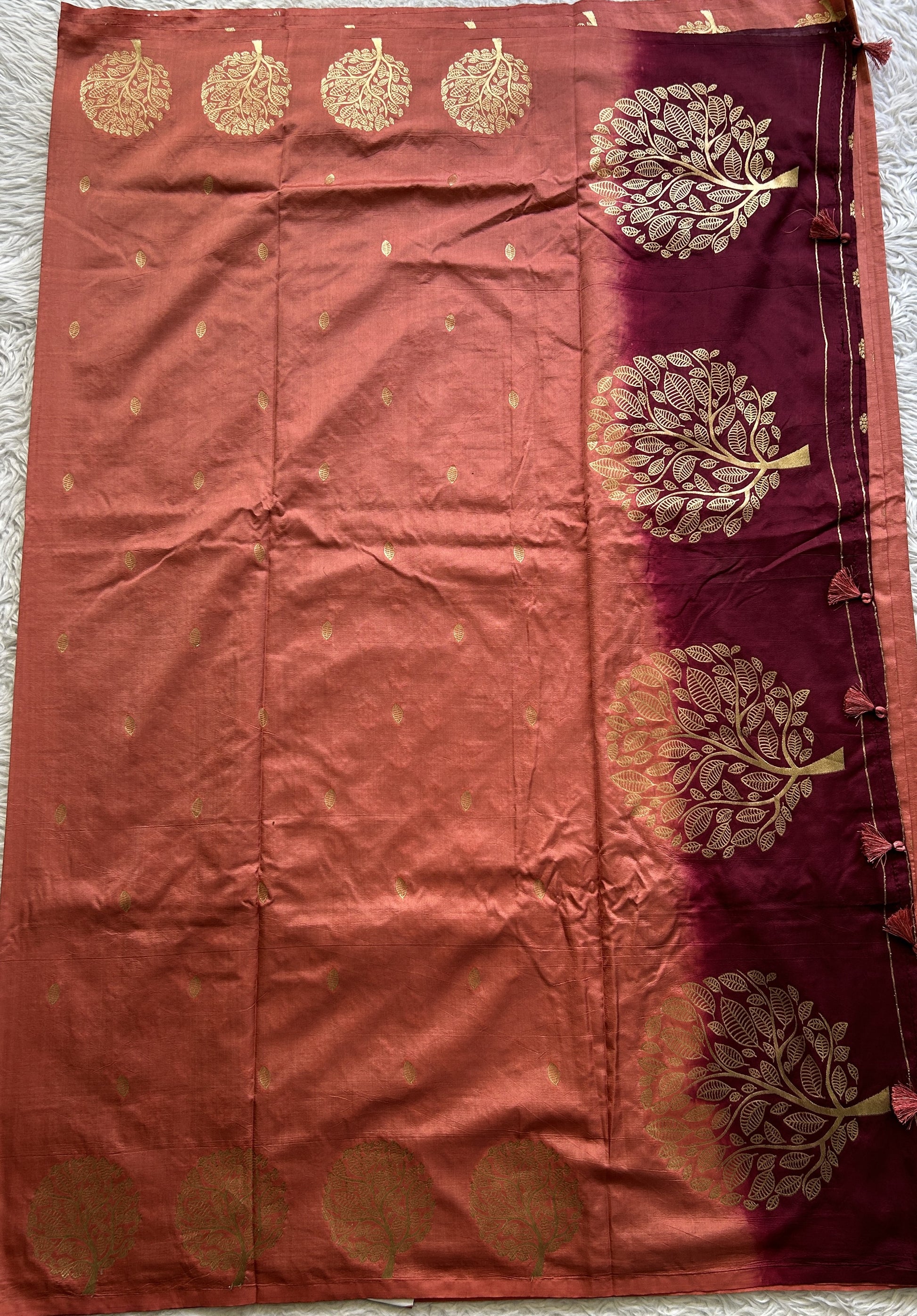 Mona Silk Saree Peach Colored Paired with a Buti Border. - Sampradaya Designer Studio