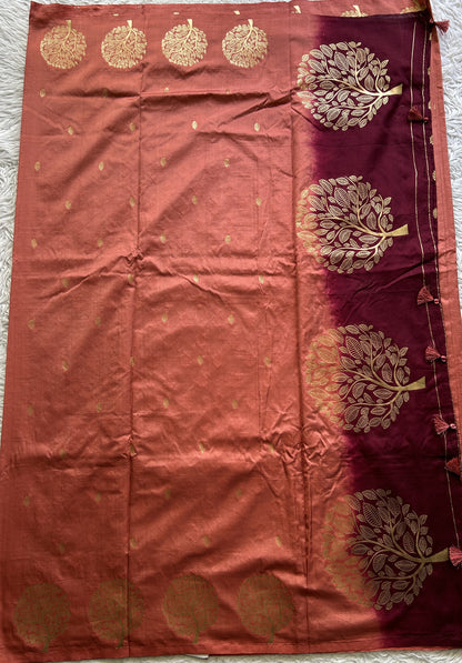 Mona Silk Saree Peach Colored Paired with a Buti Border. - Sampradaya Designer Studio