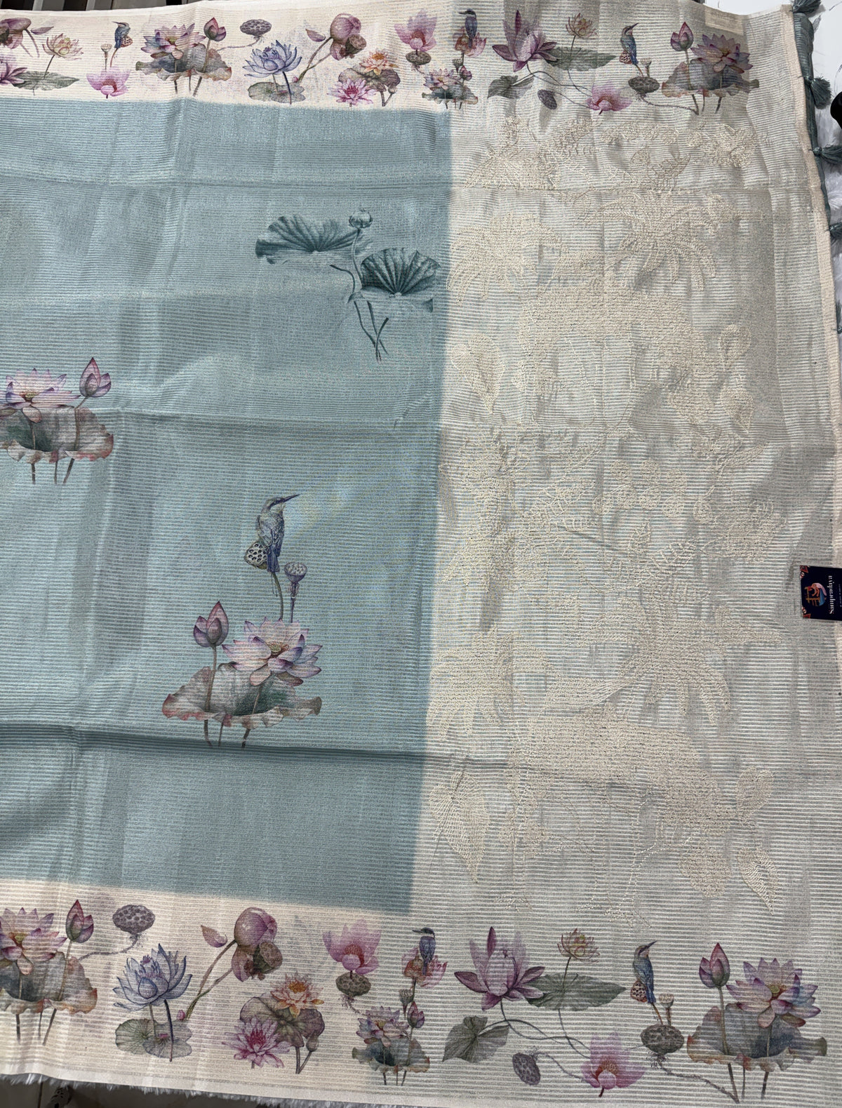 Semi Tussar Silk Saree -Ice Blue color  with Gold Zari Border - Elegant Fancy Saree for Party & Office Wear