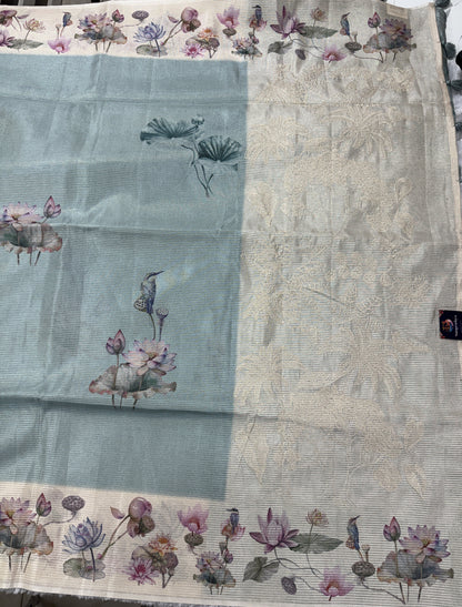 Semi Tussar Silk Saree -Ice Blue color  with Gold Zari Border - Elegant Fancy Saree for Party & Office Wear