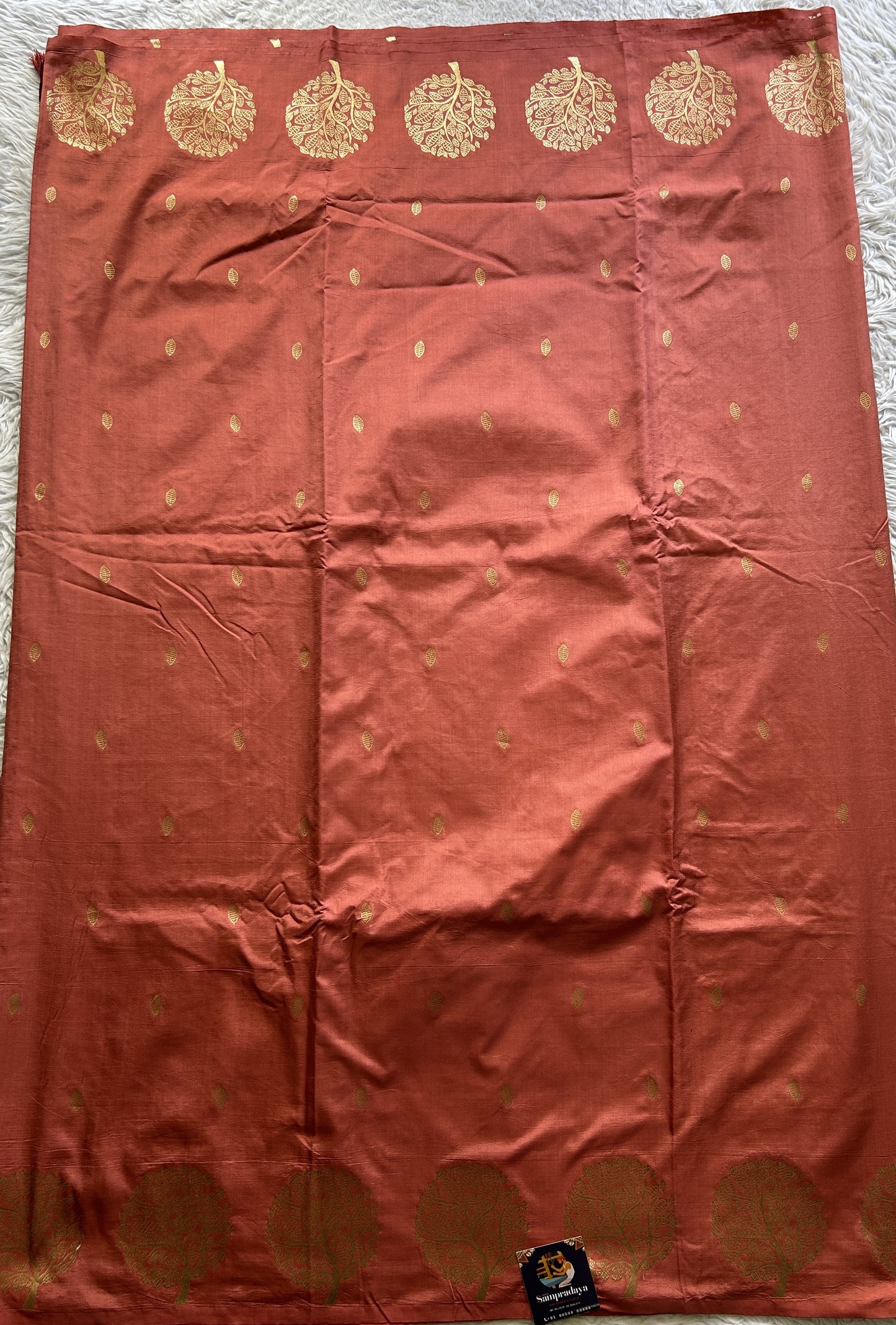 Mona Silk Saree Peach Colored Paired with a Buti Border. - Sampradaya Designer Studio