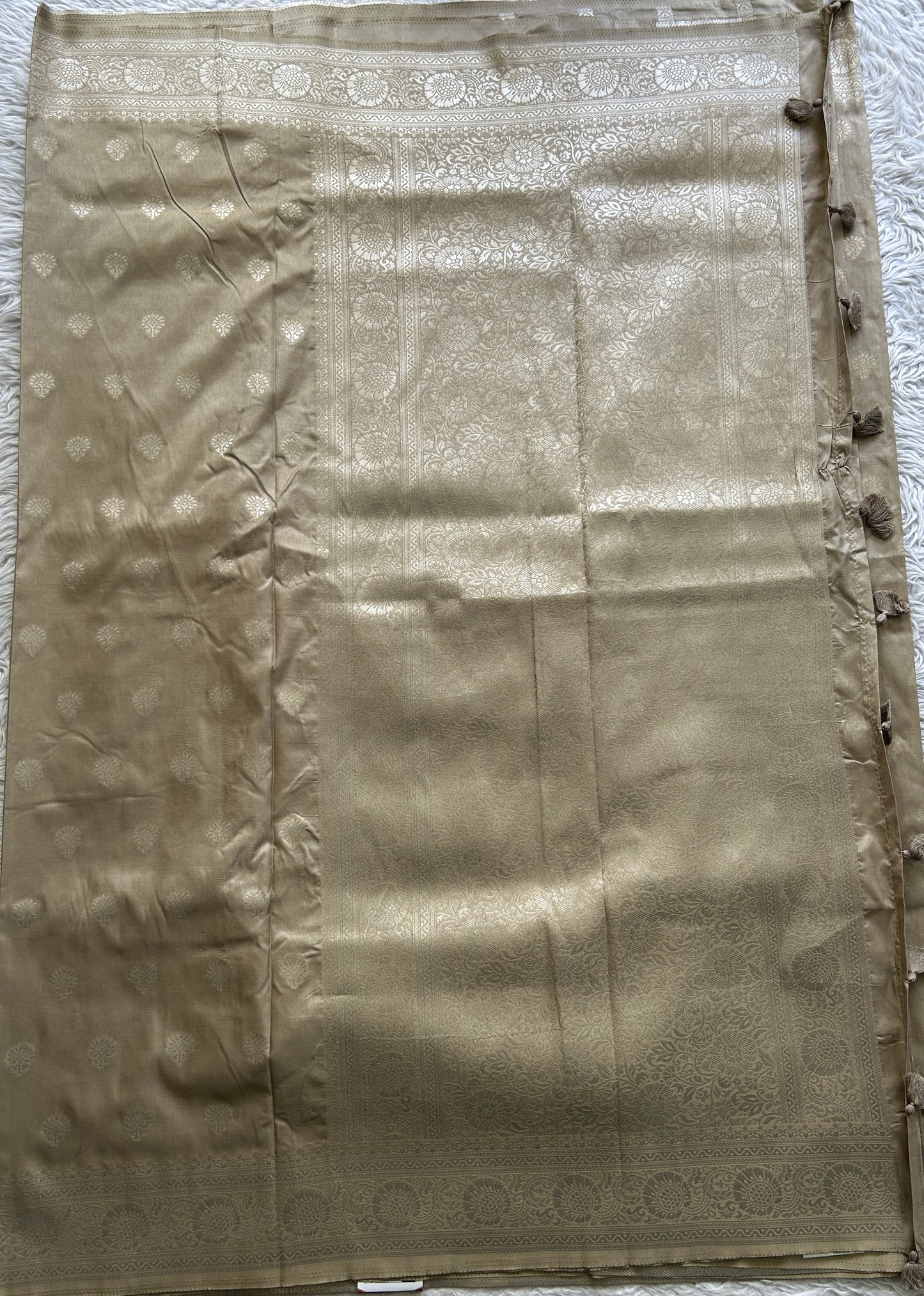 Semi Georgette Saree Beige Colored Paired with a Zari Border. - Sampradaya Designer Studio