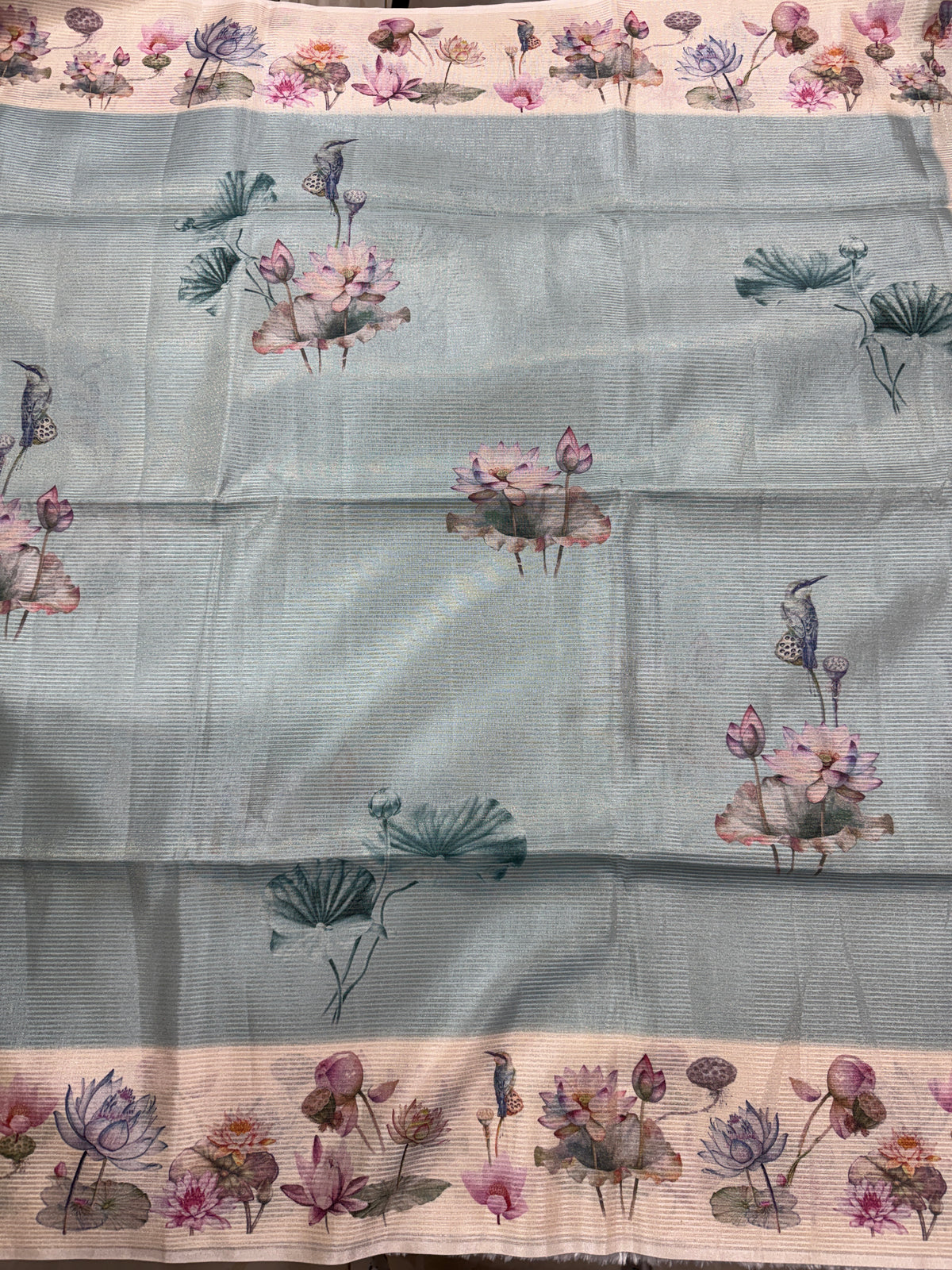 Semi Tussar Silk Saree -Ice Blue color  with Gold Zari Border - Elegant Fancy Saree for Party & Office Wear