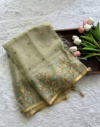 Pure Cotton Kota Light Green Colored Dupatta With a Zari Border. - Sampradaya Designer Studio