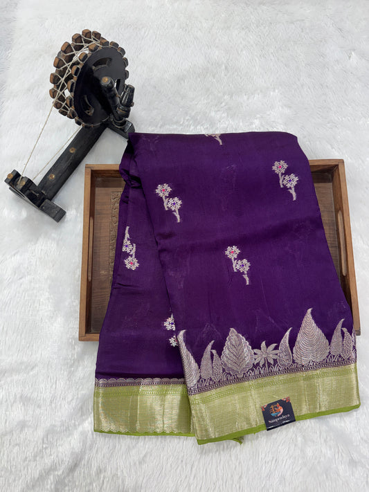 Pure Chiniya Silk Saree Purple Colored Elegantly Paired with a Gold Zari Border.