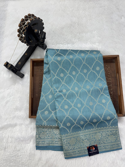 Pure Chiniya Silk Saree Ice Blue Colored Elegantly Paired with a Gold Zari Border
