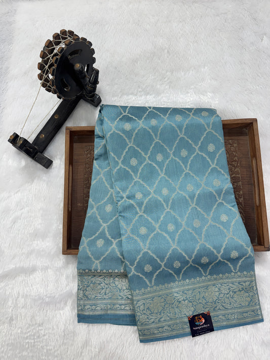 Pure Chiniya Silk Saree Ice Blue Colored Elegantly Paired with a Gold Zari Border