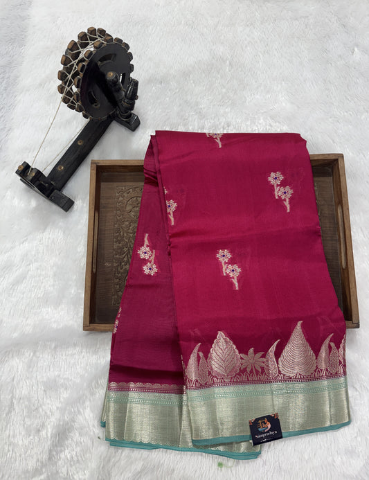 Pure Chiniya Silk Saree Rani Pink Colored Elegantly Paired with a Gold Zari Border.