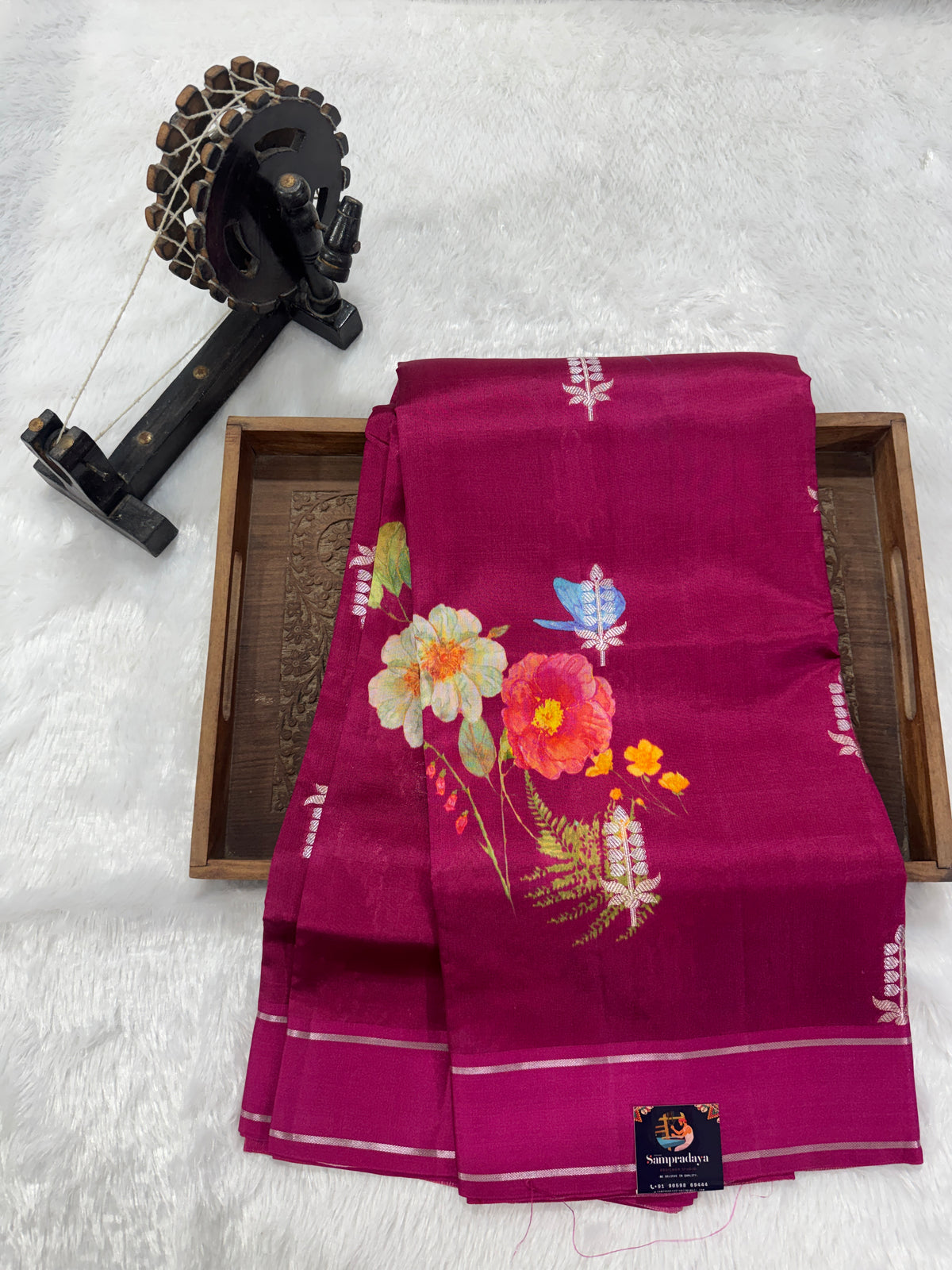 Pure Chiniya Silk Saree Rani Pink Colored Elegantly Paired with a Gold Zari Border.