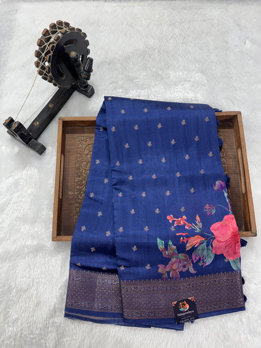 Pure Chiniya Silk Saree Navy Blue Colored Elegantly Paired with a Gold Zari Border.