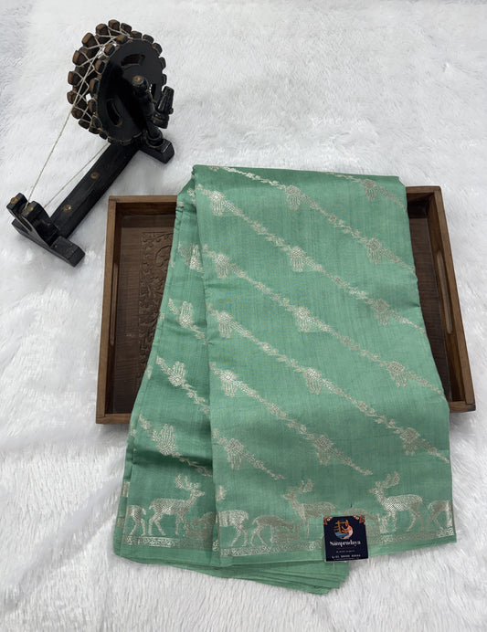 Pure Chiniya Silk Saree Sea Green Colored Elegantly Paired with a Gold Zari Border.