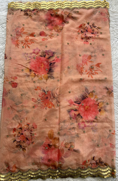 Soft Organza Coral Colored Dupatta With a Sequence Cutwork Border. - Sampradaya Designer Studio