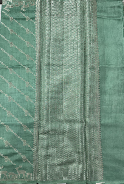 Pure Chiniya Silk Saree Sea Green Colored Elegantly Paired with a Gold Zari Border.
