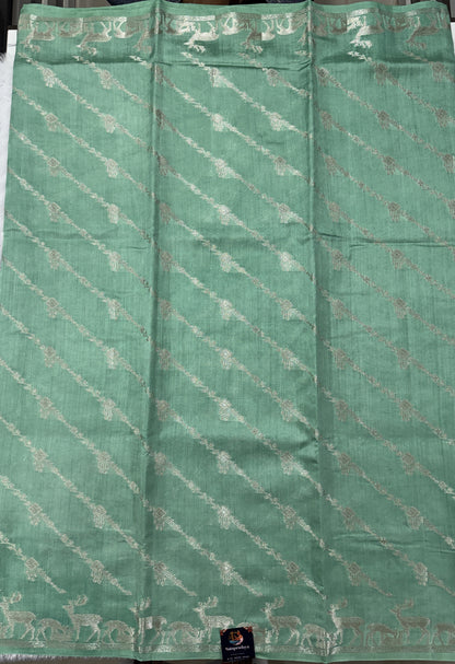 Pure Chiniya Silk Saree Sea Green Colored Elegantly Paired with a Gold Zari Border.