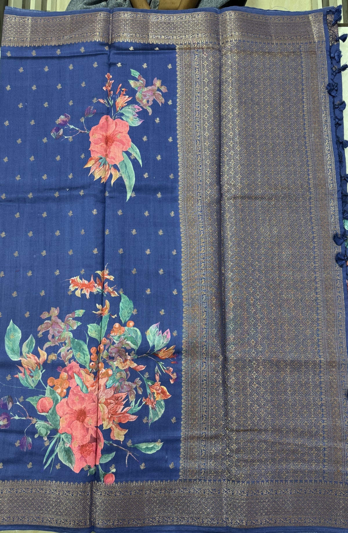 Pure Chiniya Silk Saree Navy Blue Colored Elegantly Paired with a Gold Zari Border.