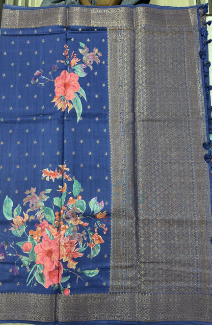 Pure Chiniya Silk Saree Navy Blue Colored Elegantly Paired with a Gold Zari Border.