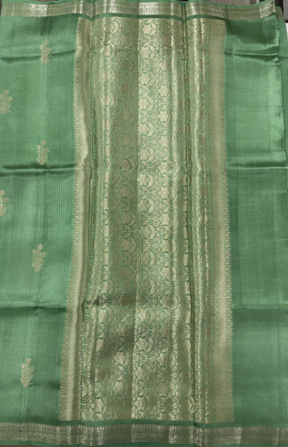 Pure Chiniya Silk Saree Sea Green Colored Elegantly Paired with a Gold Zari Border.