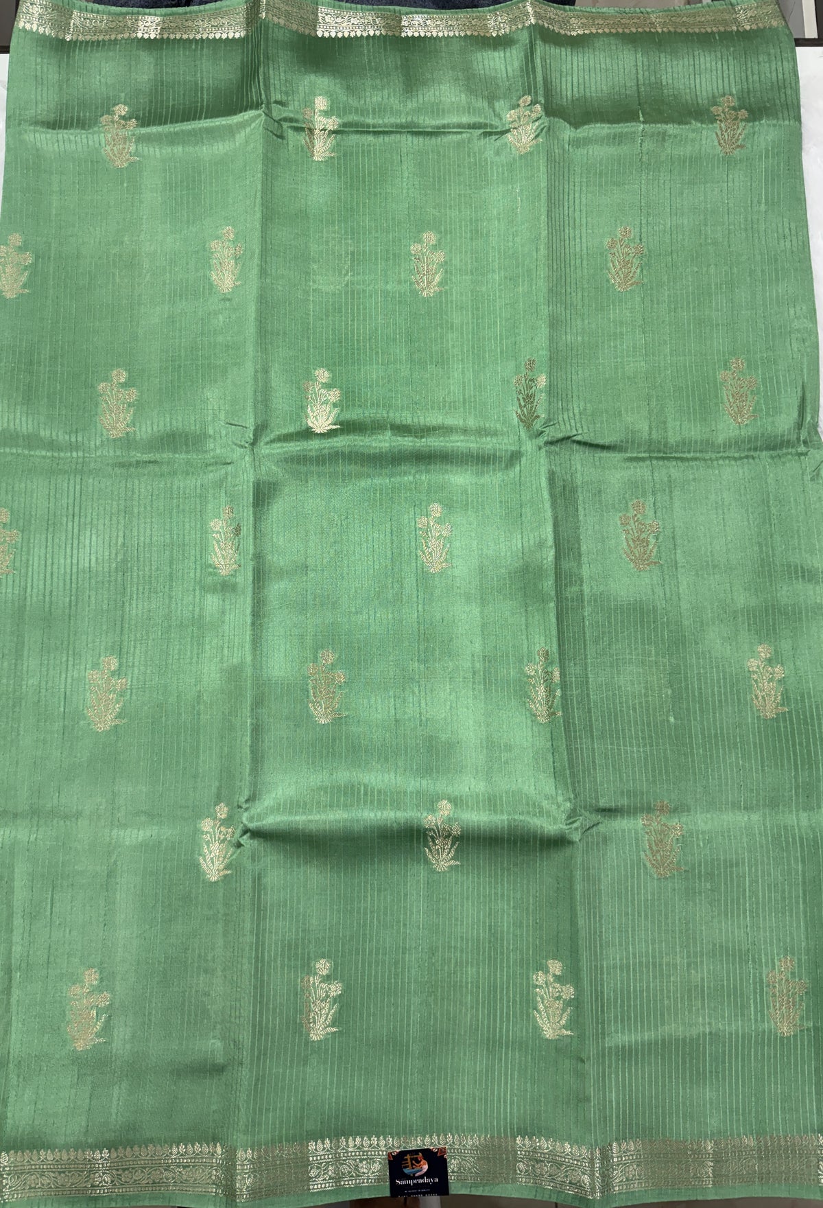 Pure Chiniya Silk Saree Sea Green Colored Elegantly Paired with a Gold Zari Border.
