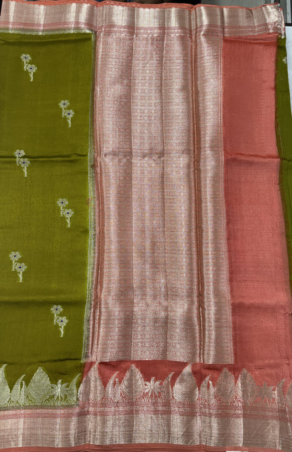 Pure Chiniya Silk Saree Mehandi Colored Elegantly Paired with a Gold Zari Border.