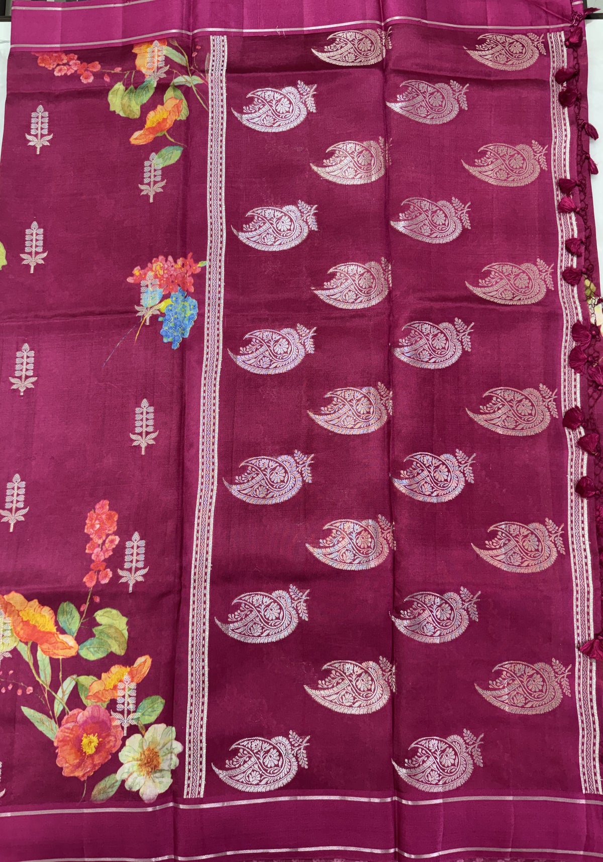 Pure Chiniya Silk Saree Rani Pink Colored Elegantly Paired with a Gold Zari Border.