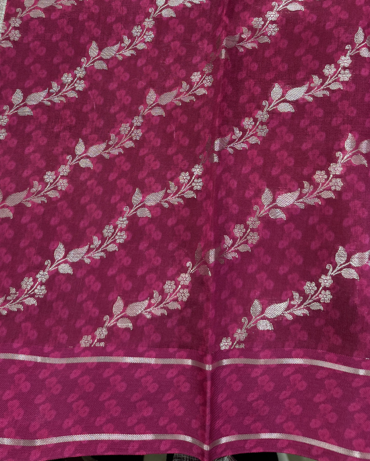 Pure Chiniya Silk Saree Rani Pink Colored Elegantly Paired with a Gold Zari Border.