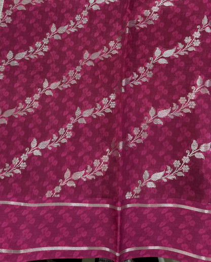 Pure Chiniya Silk Saree Rani Pink Colored Elegantly Paired with a Gold Zari Border.