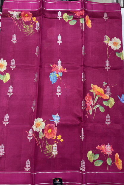 Pure Chiniya Silk Saree Rani Pink Colored Elegantly Paired with a Gold Zari Border.