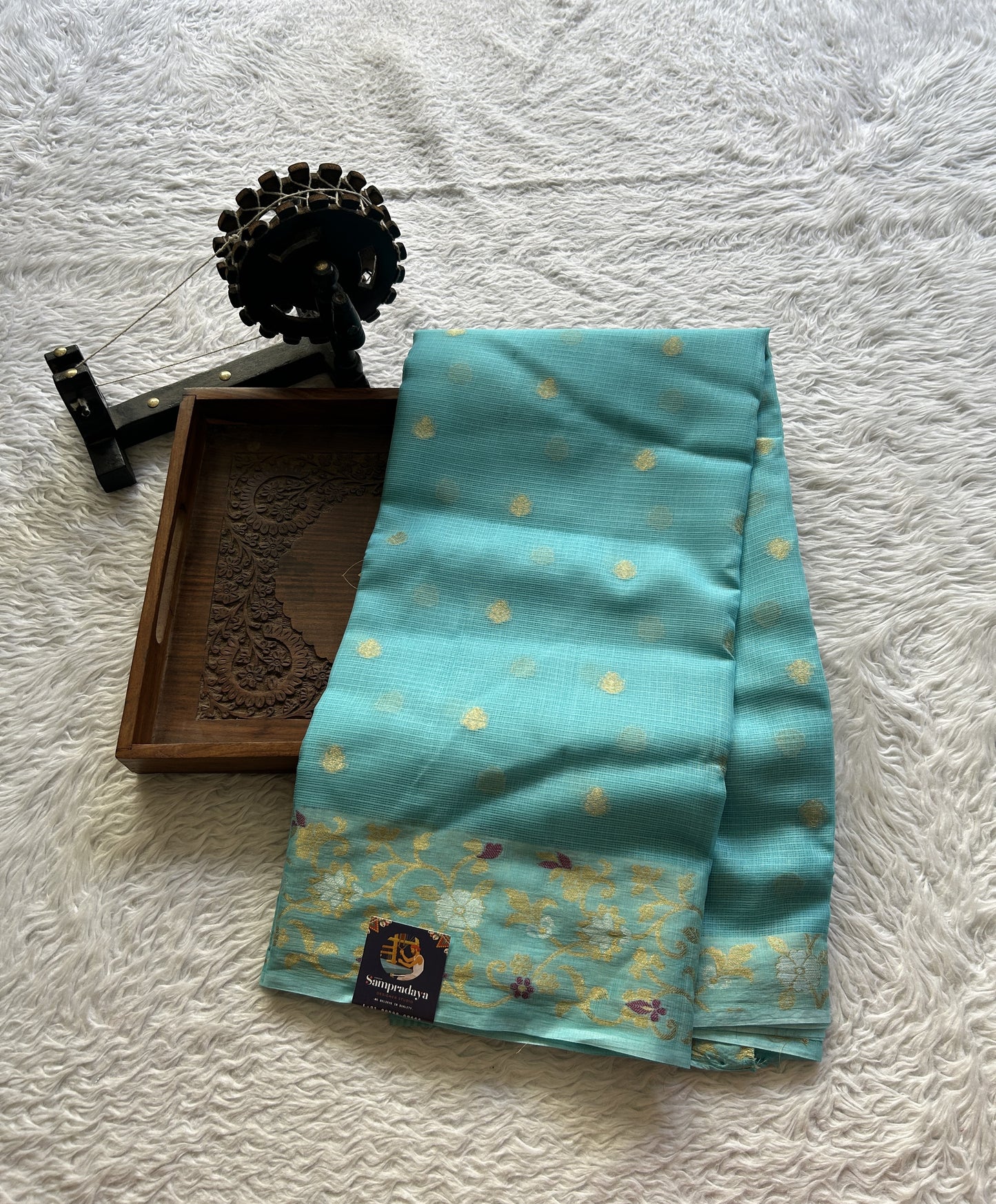 Silk kota Saree Light Blue colored Complemented with a Zari Border. - Sampradaya Designer Studio