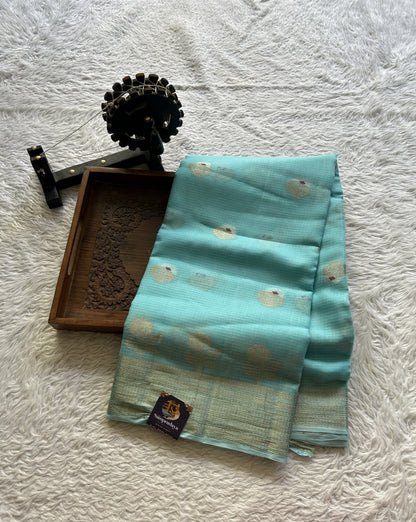 Silk kota Saree Light Sky Blue colored Complemented with a Zari Border. - Sampradaya Designer Studio