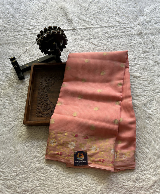 Silk kota Saree Light Peach colored Complemented with a Zari Border. - Sampradaya Designer Studio