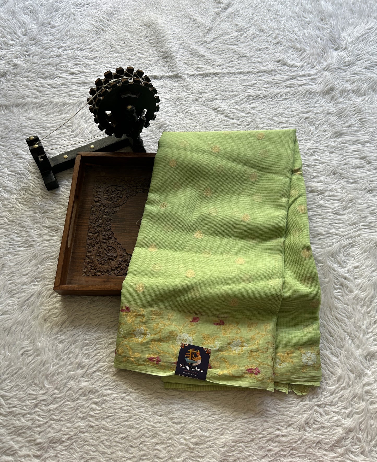 Silk kota Saree Apple Green colored Complemented with a Zari Border. - Sampradaya Designer Studio
