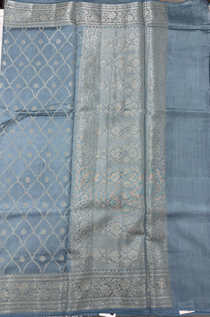 Pure Chiniya Silk Saree Ice Blue Colored Elegantly Paired with a Gold Zari Border