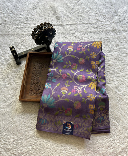 Banarasi Tussar Georgette Saree Deep Lilac Colored Complemented with a Minakari border. - Sampradaya Designer Studio