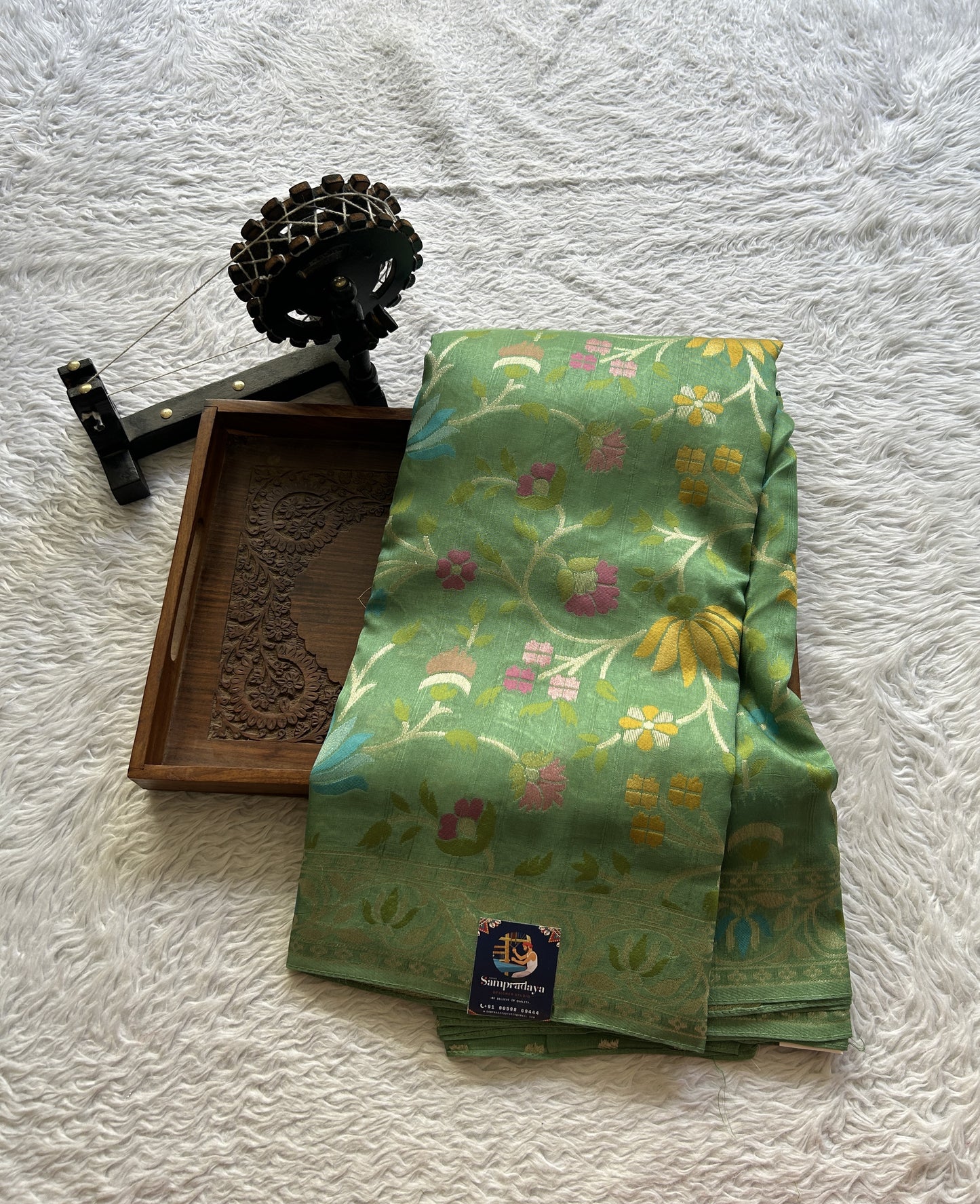 Banarasi Tussar Georgette Saree Sea Green Colored Complemented with a Minakari border. - Sampradaya Designer Studio