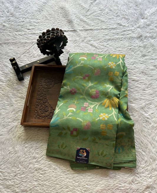 Banarasi Tussar Georgette Saree Sea Green Colored Complemented with a Minakari border. - Sampradaya Designer Studio