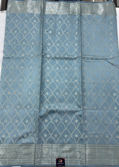 Pure Chiniya Silk Saree Ice Blue Colored Elegantly Paired with a Gold Zari Border