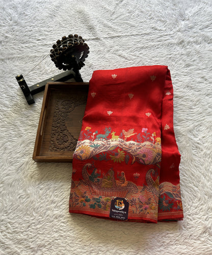 Banarasi Tussar Georgette Saree Red Colored Complemented with a Minakari border. - Sampradaya Designer Studio